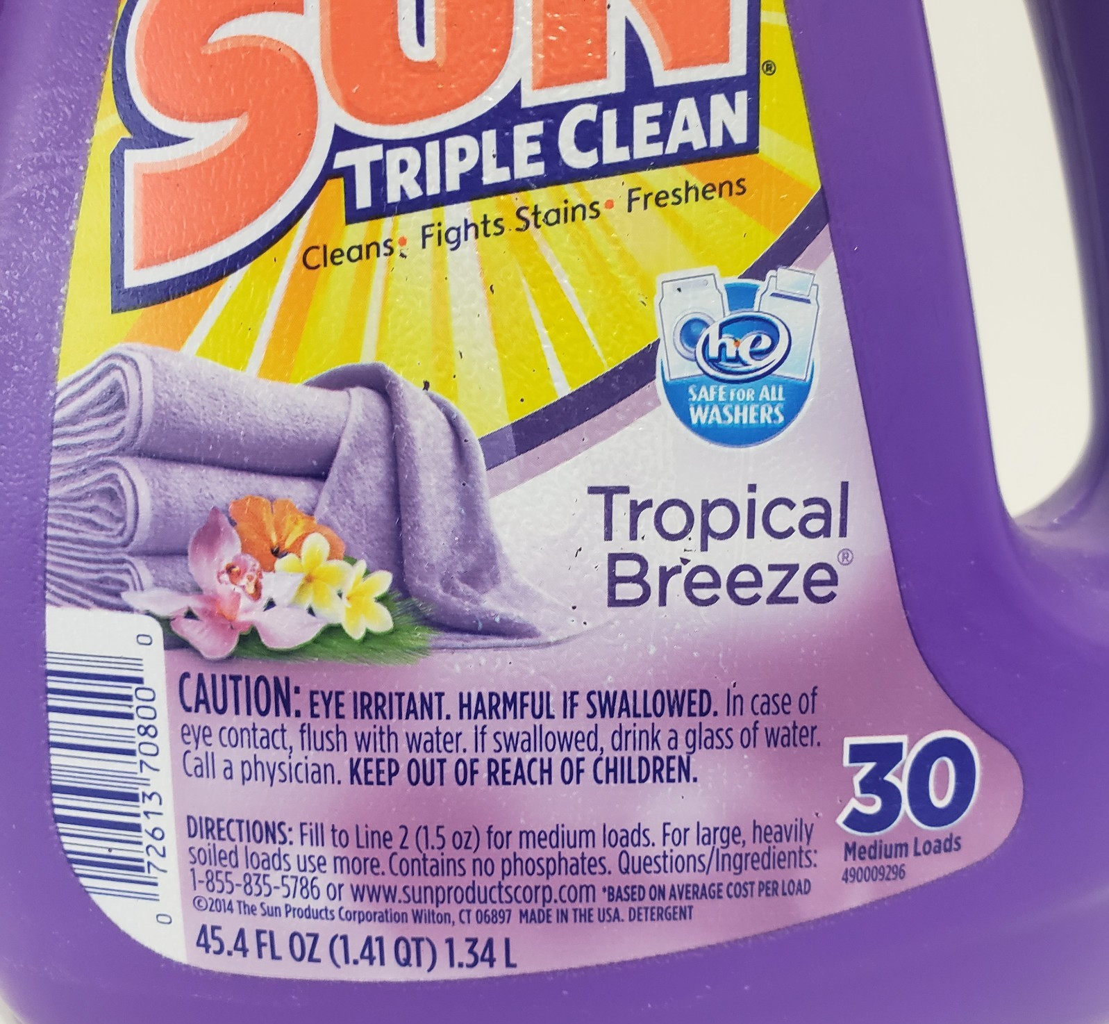 Sun Triple Clean Laundry Detergent (LOT OF 3) Tropical Breeze 30 Load 45.4 fl oz