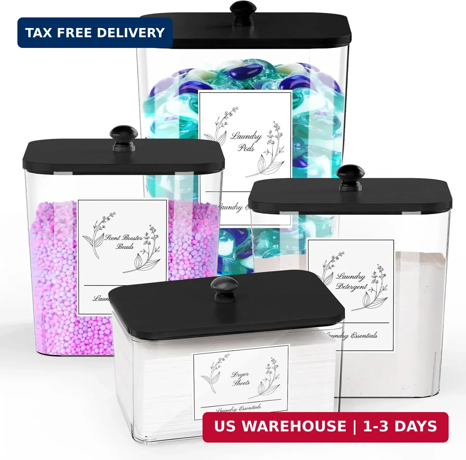 COAZEX 4 Pack Clear Laundry Pods Container & Dryer Sheet Holder, Plastic Square