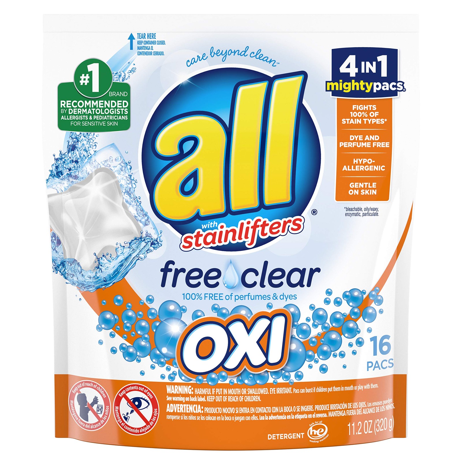 Mighty Pacs Laundry Detergent, Free Clear Pouch, 16 Count (10072613739827)