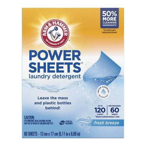 ARM & HAMMER Power Sheets Laundry Detergent, Fresh Breeze, 60 Count, Up to 120 S