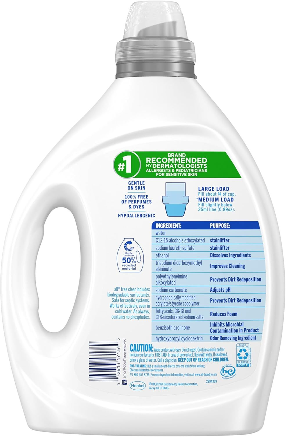 All Laundry Detergent Liquid, Free Clear for Sensitive Skin, Odor Relief, Unscen