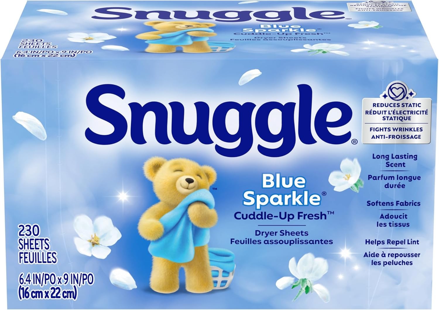 Snuggle Fabric Softener Dryer Sheets, Blue Sparkle, 230 230 Count (Pack of 1)