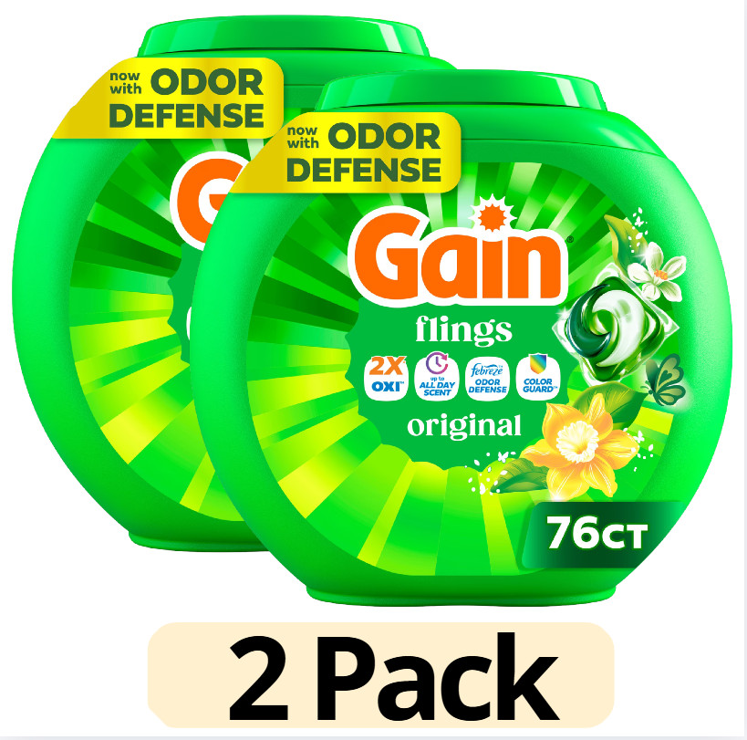 Gain Flings Original Scent Laundry Pods 3 in 1 76 Count Twin Pack 2 Tubs New
