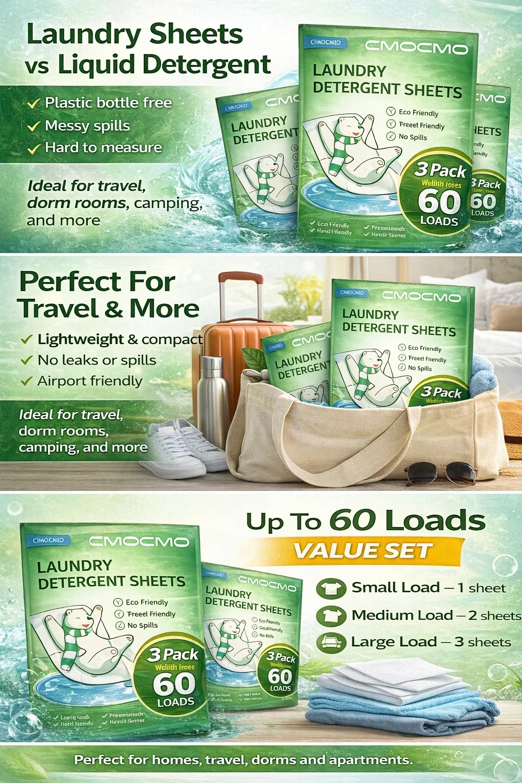 3 Pack Laundry Detergent Sheets Eco Friendly Quick Dissolve Travel Wash 60 Loads
