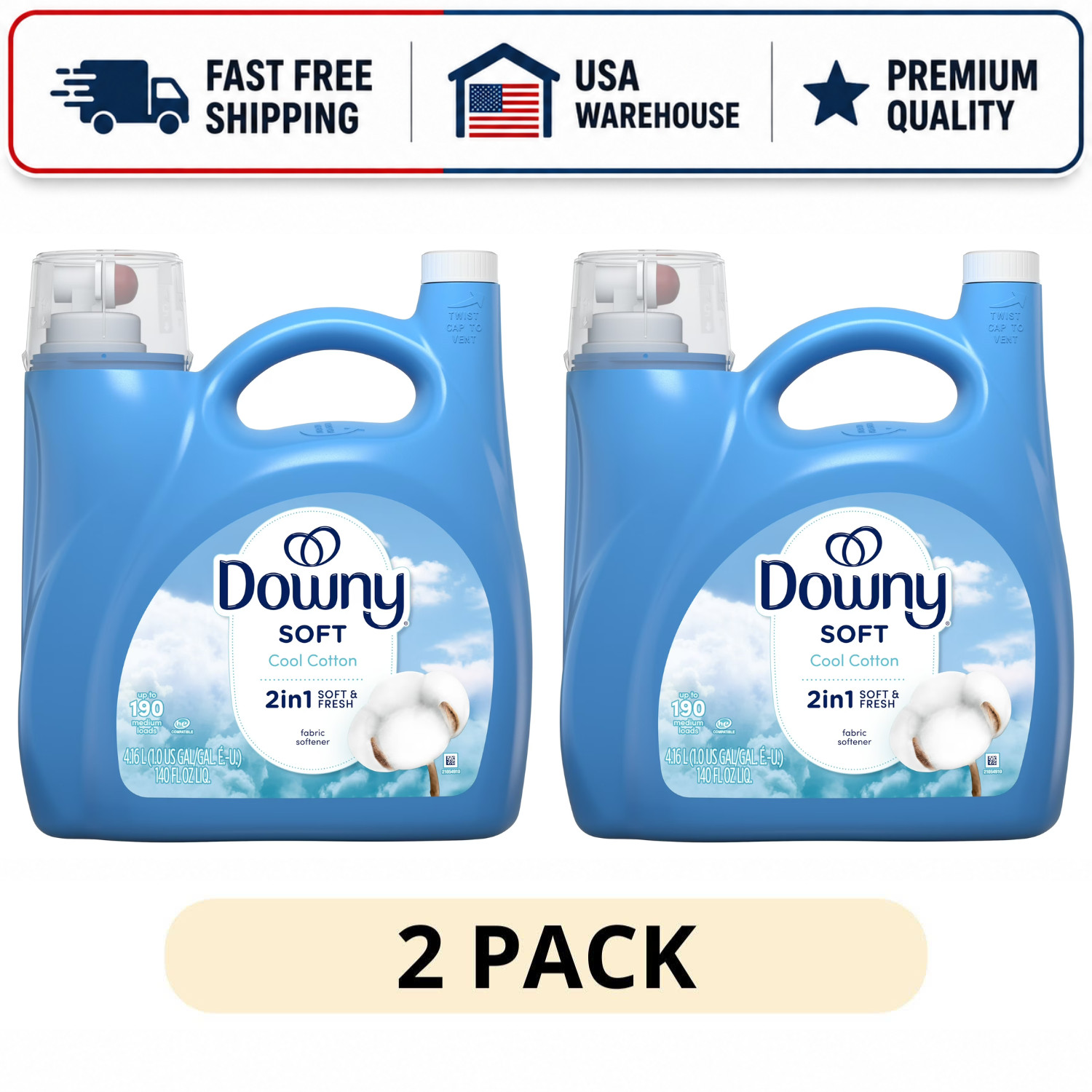 (2 Pack) Downy Liquid Fabric Softener Cool Cotton Scent, 140 fl oz, 190 Loads