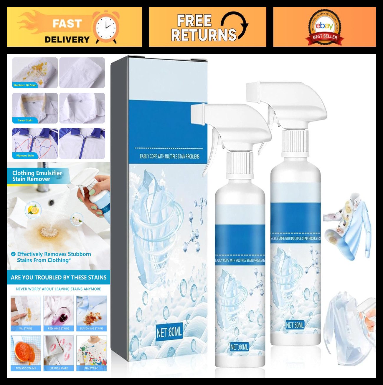 2PCS Powerful Non-Ionic Stain Remover Spray for Clothes, Active Enzyme Cleaner