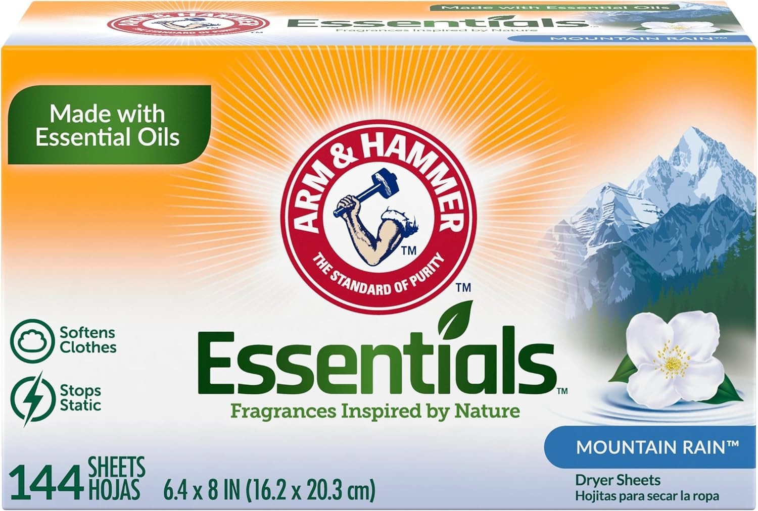 Natural Fabric Softener Sheets, Mountain Rain Scent, 144 Count for Fresh Laundry