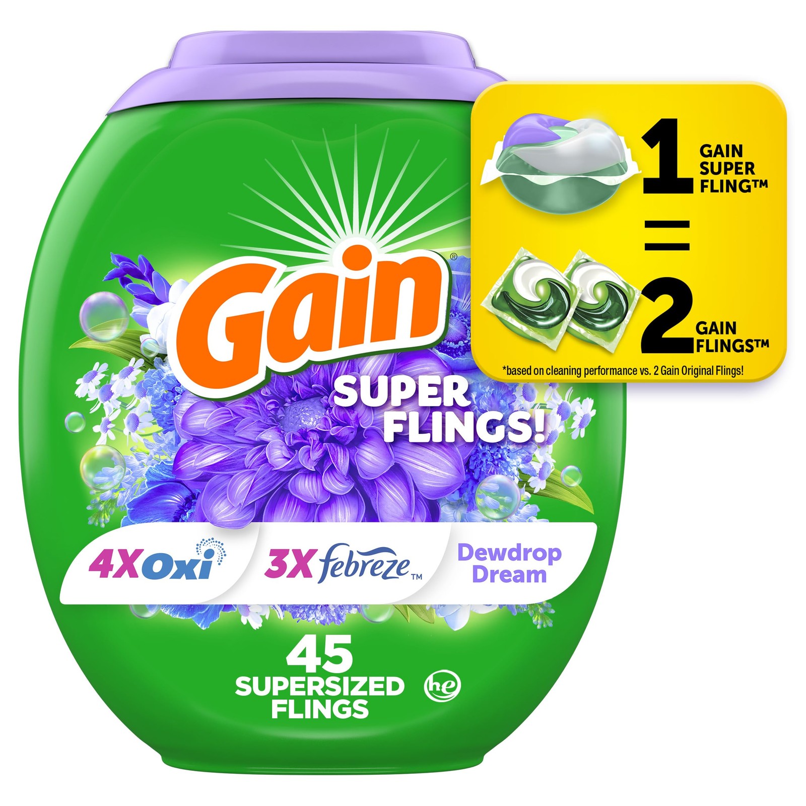 Gain Super Flings Laundry Detergent Pacs, 45 Count, Dewdrop Dream Scent
