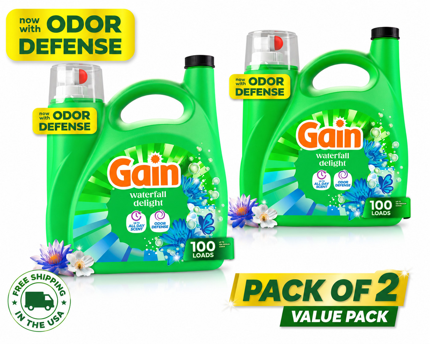 ( 2pack) Gain HE Liquid Laundry Detergent Waterfall Delight 132 fl oz 100 Loads