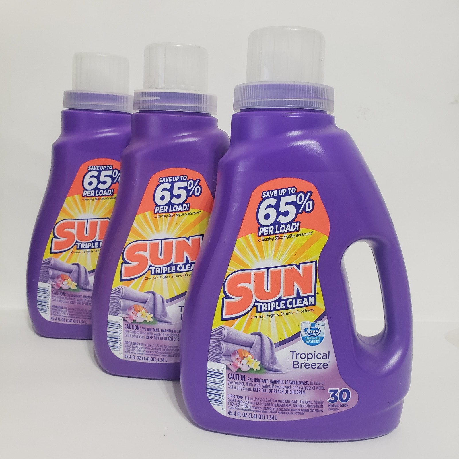 Sun Triple Clean Laundry Detergent (LOT OF 3) Tropical Breeze 30 Load 45.4 fl oz