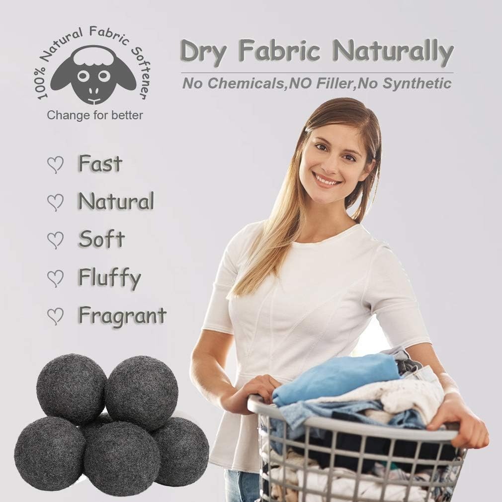 Wool Dryer Balls Dark Grey XL 6-Pack, 100% New Zealand Organic Fabric Softener f