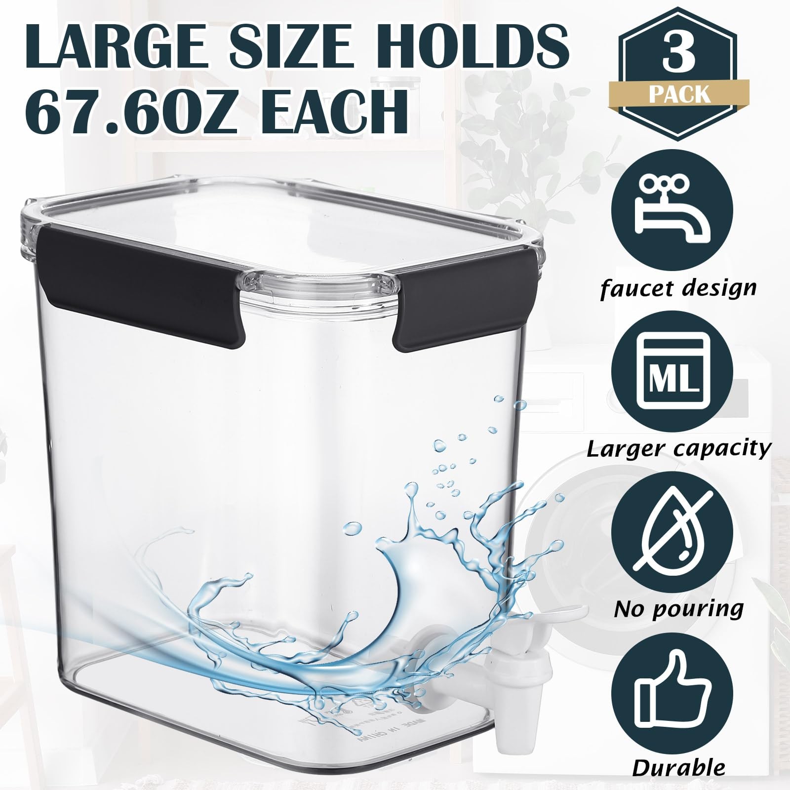 3 Set 67.6 oz Liquid Laundry Detergent Dispenser with Faucet and Cup Holder L…