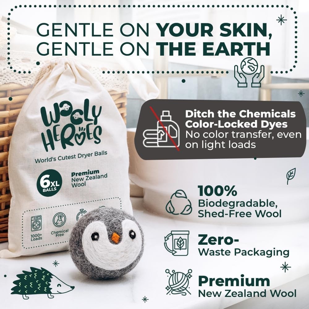 Reusable XL Wool Dryer Balls: 6-Pack Chemical-Free, Adorable Penguin Design