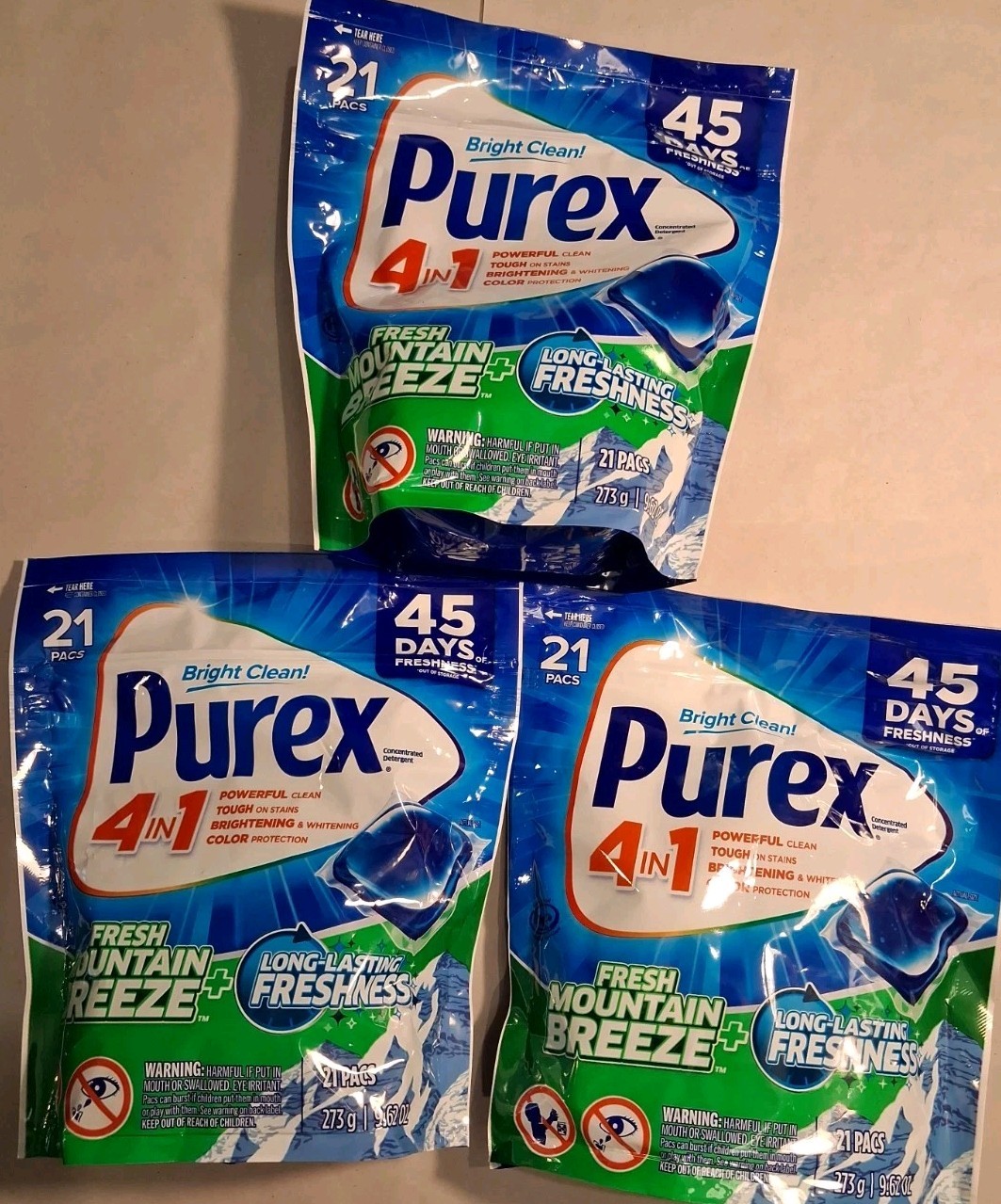 3 Count Purex 4-in-1 Laundry Detergent Pacs Fresh Mountain Breeze 63 Pacs Total