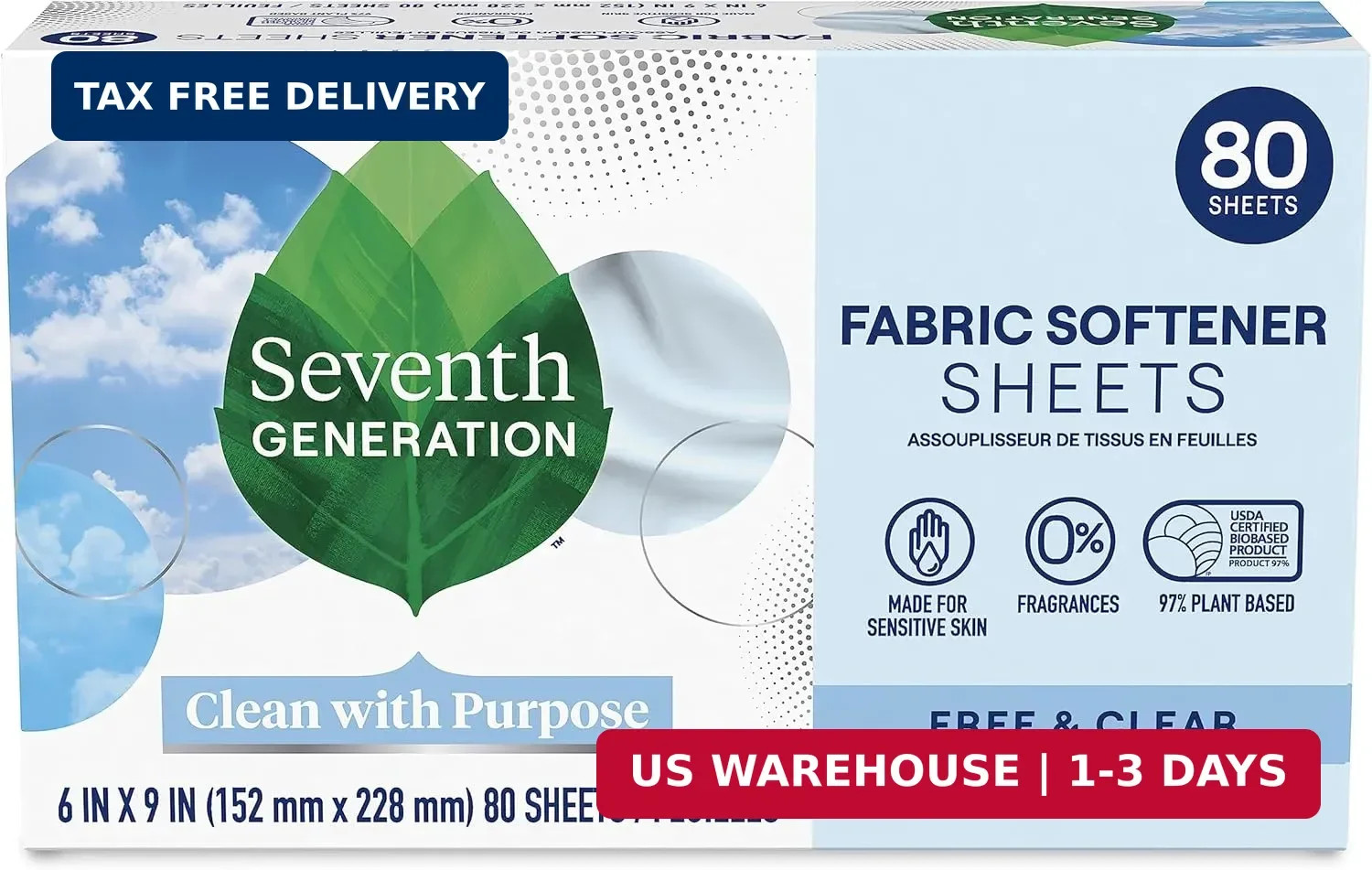 Seventh Generation Dryer Sheets Laundry Fabric Softener, Free & Clear Made for S
