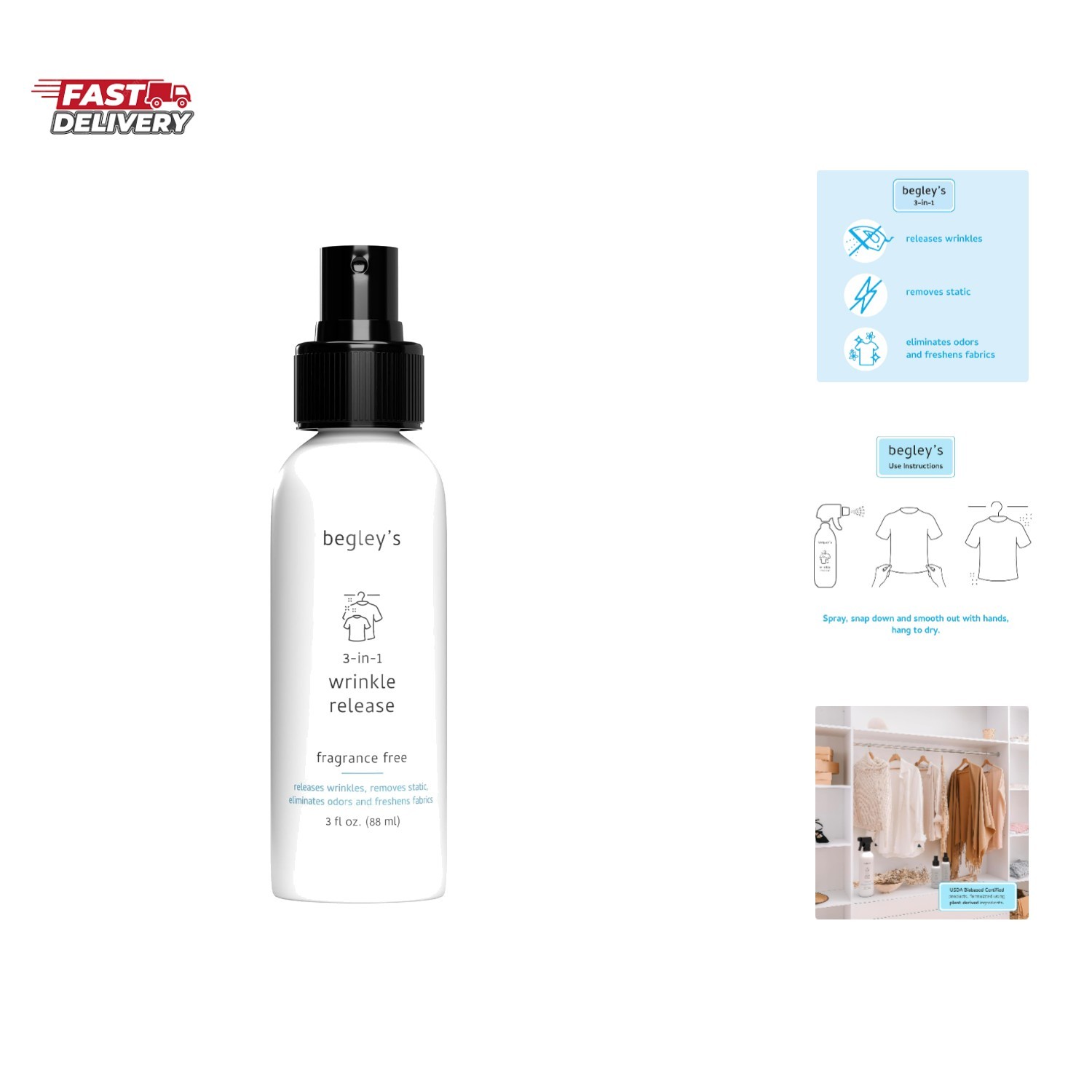 3-in-1 Wrinkle Remover, Quick Fix Wrinkle Release, Static Cling Remover, Odor…