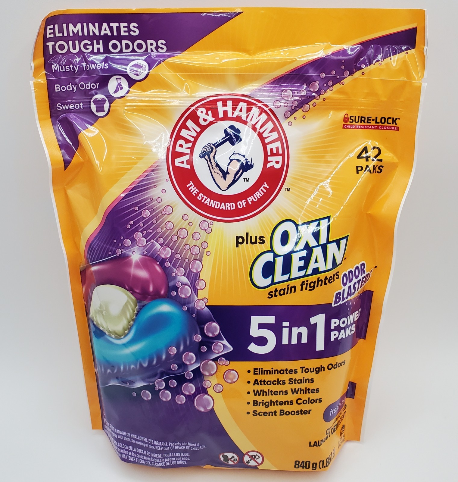 Arm Hammer Plus OxiClean 5 in 1 Power Paks 42ct Laundry Detergent Odor Blaster
