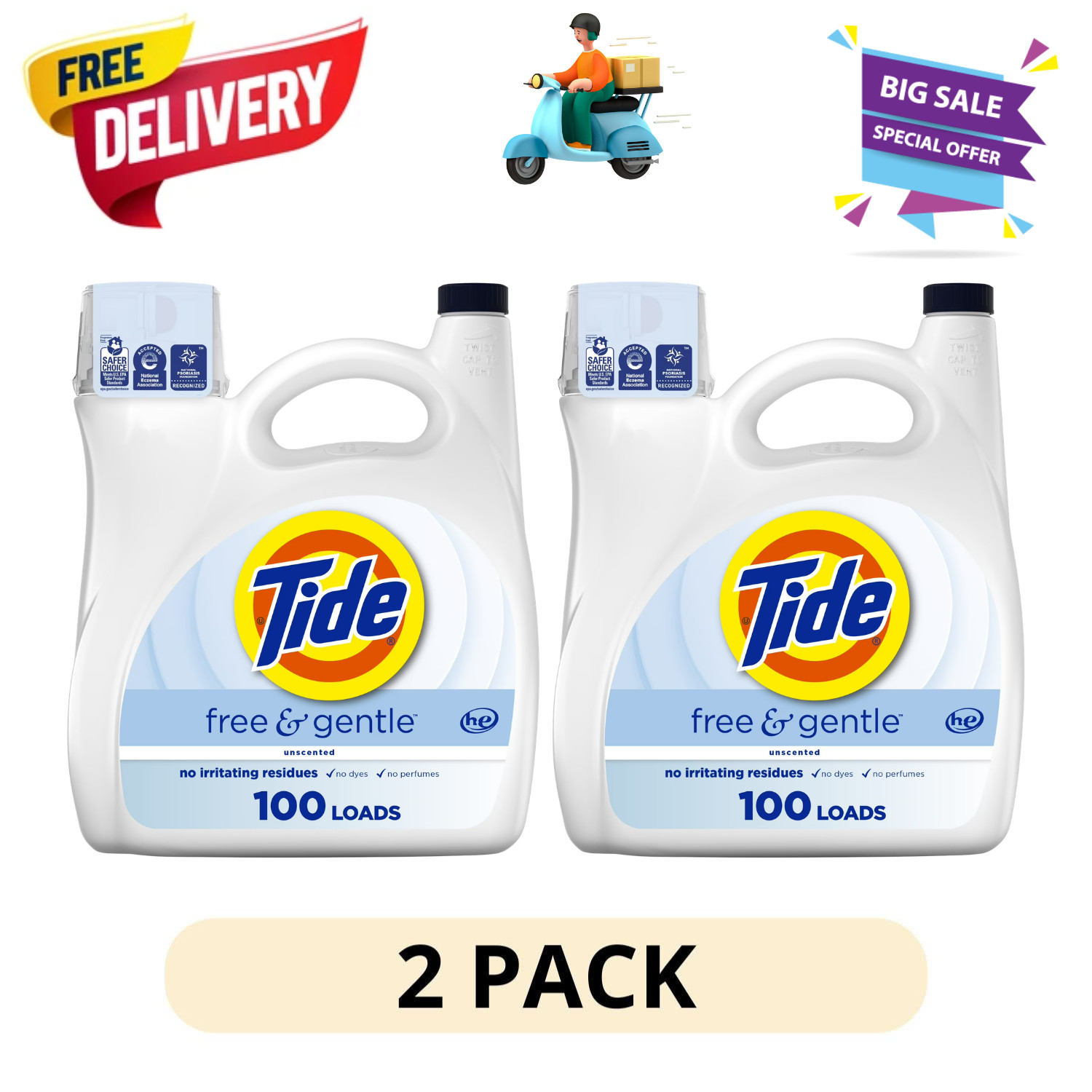 (2 Pack) Tide Free and Gentle Liquid Laundry Soap 100 Loads 132 fl oz Bottle