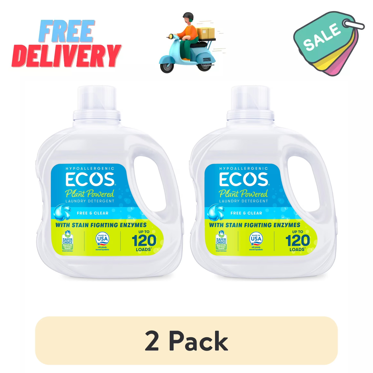 2PK ECOS Plus Liquid Laundry Detergent Free Clear 120 Loads 110oz Stain Fighting