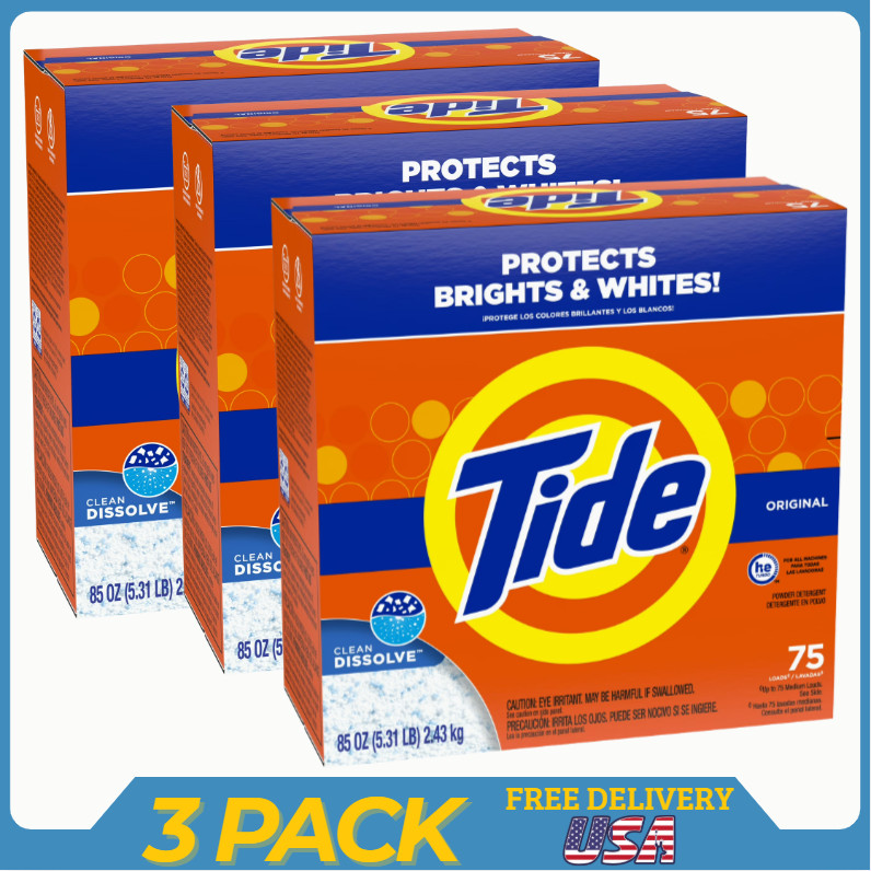 3 Pack Tide Powder Laundry Detergent Original Scent 85 oz 75 Loads Bundle
