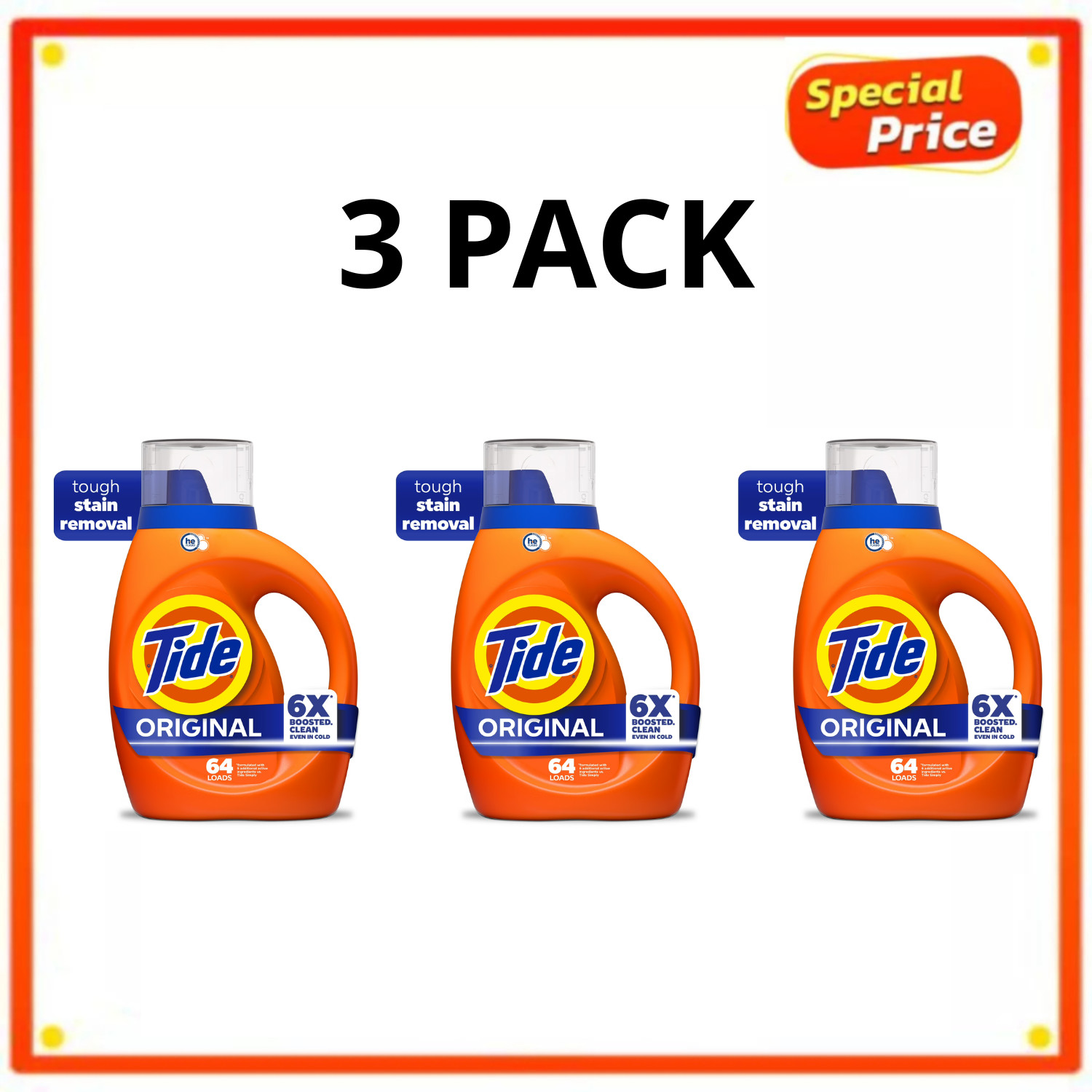 Tide Original Liquid Laundry Detergent 80 fl oz 64 Loads HE Compatible, 3 Pack
