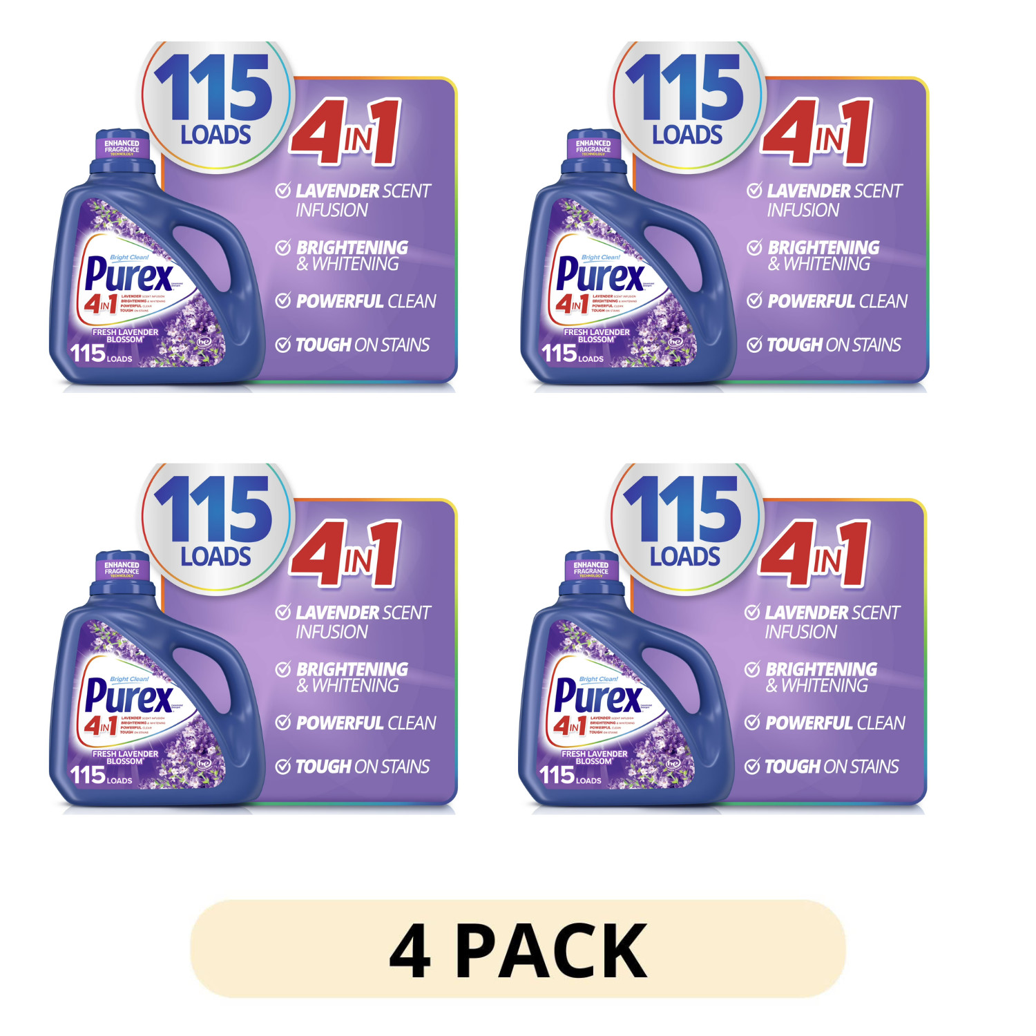 4 Pack Purex Liquid Laundry Detergent Fresh Lavender Fields 150 fl oz 115 Loads