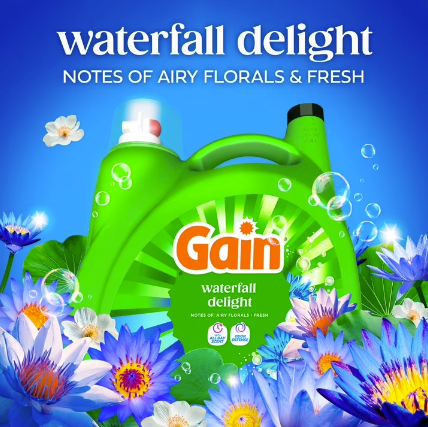 3P Gain Laundry Detergent Liquid, Waterfall Delight Scent, 132 fl oz, 100 Loads