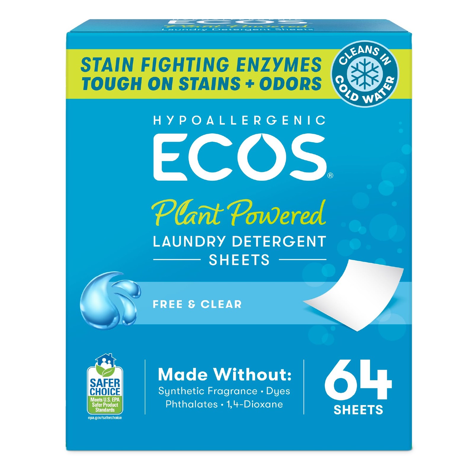 Laundry Detergent Sheets Free and Clear Vegan Hypoallergenic 64 Count Pack of 1