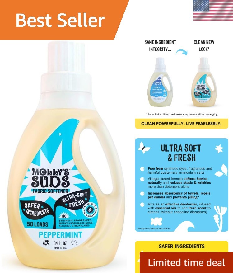 Molly’s Suds Eco-Friendly Fabric Softener | Peppermint, 34oz Liquid for 50 Loads