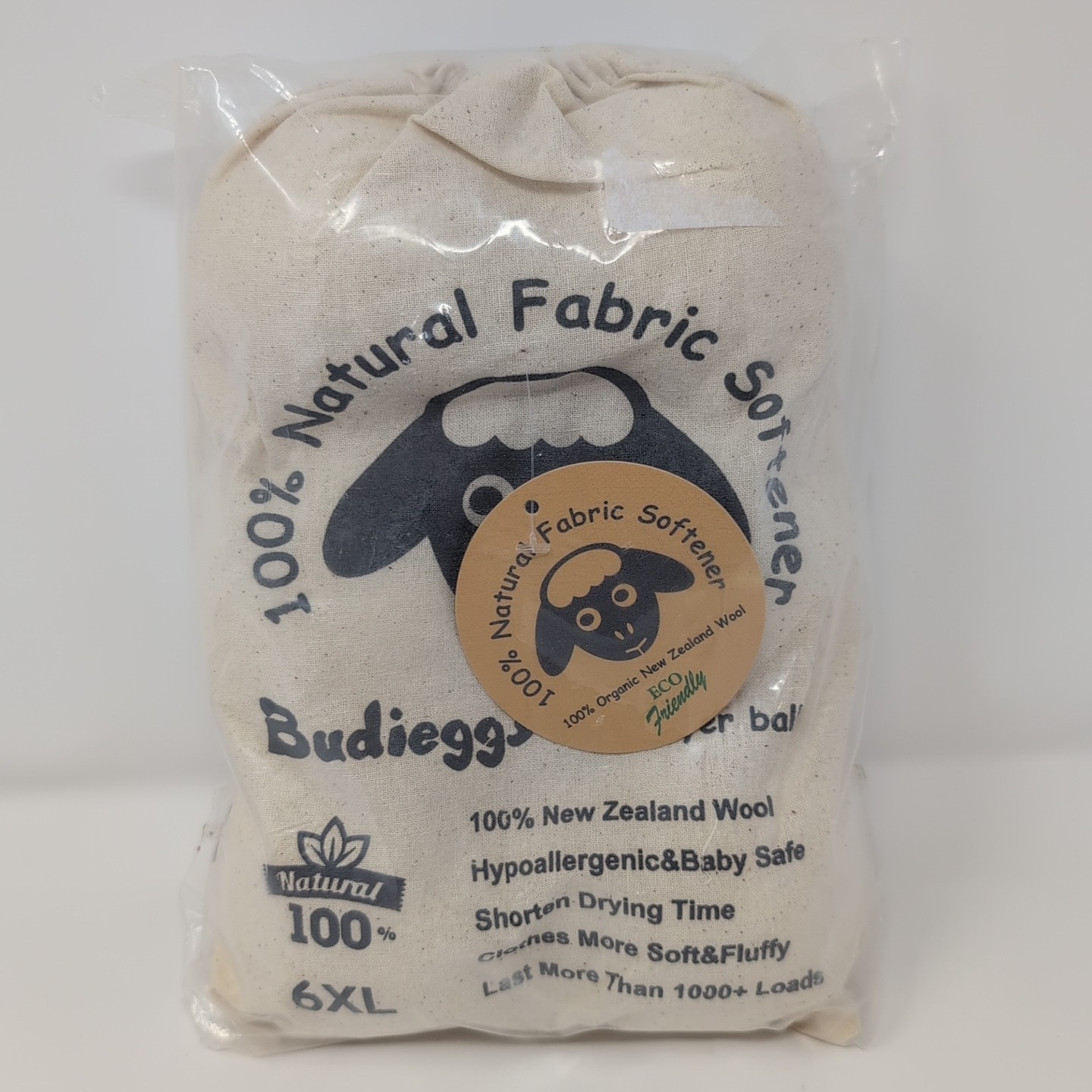 Budieggs Wool Dryer Balls Organic XL 6-Pack, 100% New Zealand Wool Chemical Free