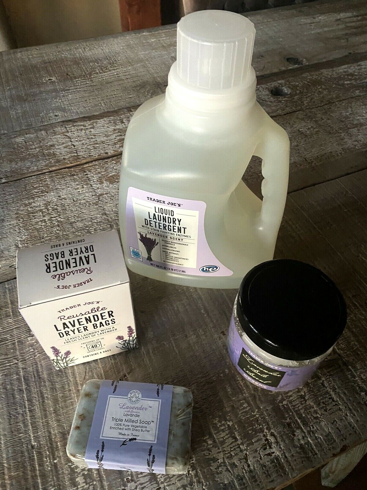TRADER JOES LAVENDER DISH SOAP DETERGENT LAUNDRY DRYER BAGS SALT SCRUB natural