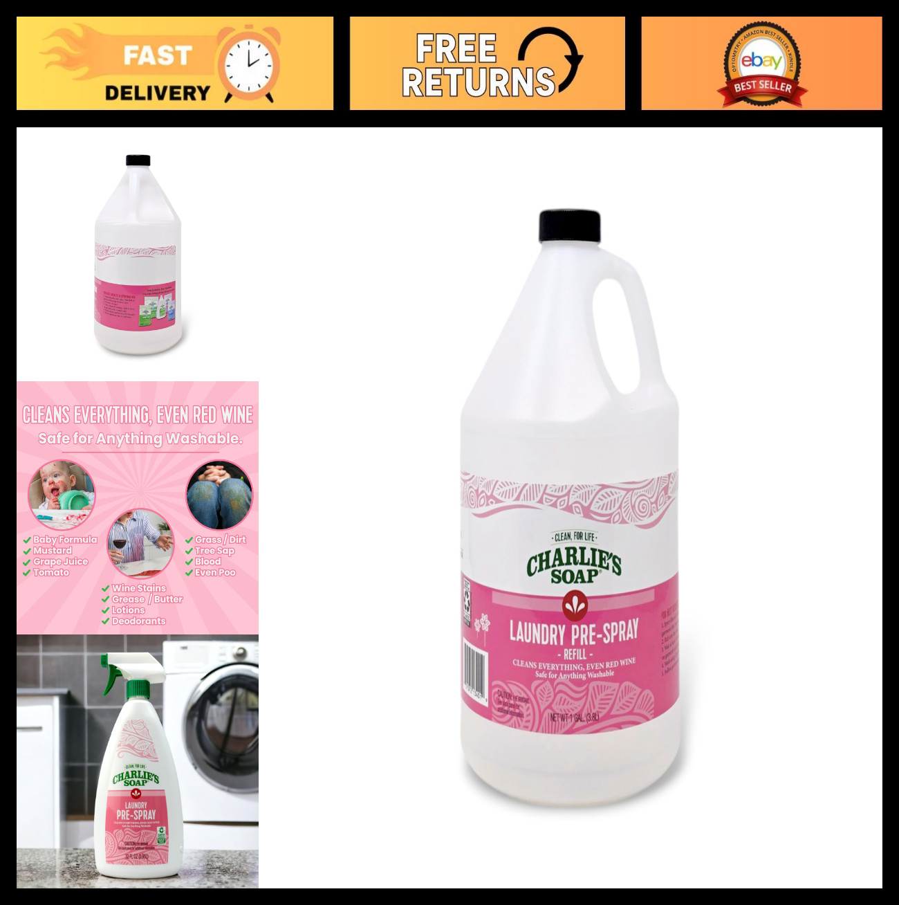 Natural Laundry Stain Remover Pre-Spray Refill, 128 fl oz, EPA Safer Choice, Eco