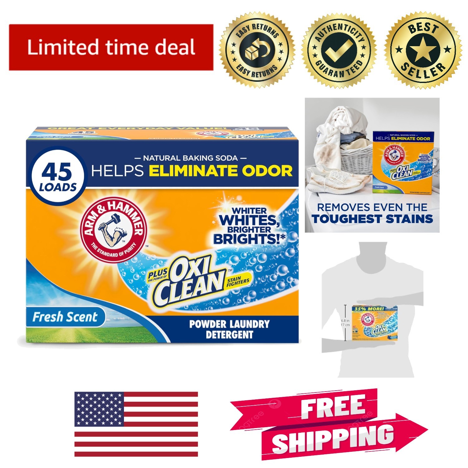 Plus OxiClean Laundry Detergent – Biodegradable Powder, Fresh Scent, 45 Loads
