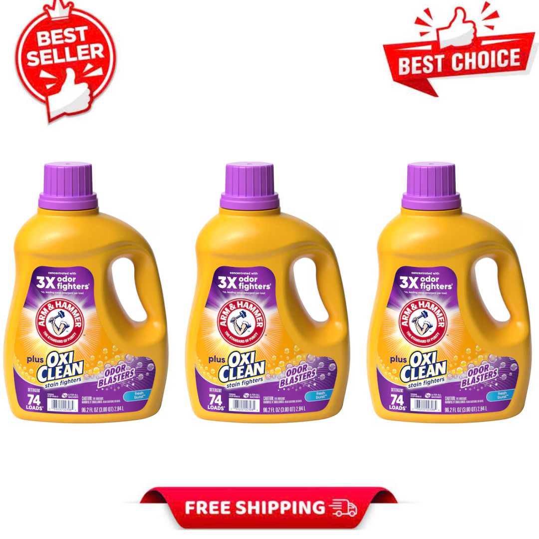 3 Pack Arm & Hammer Laundry Detergent, Fresh Burst, HE Liquid, 74 Loads, 96.2 oz