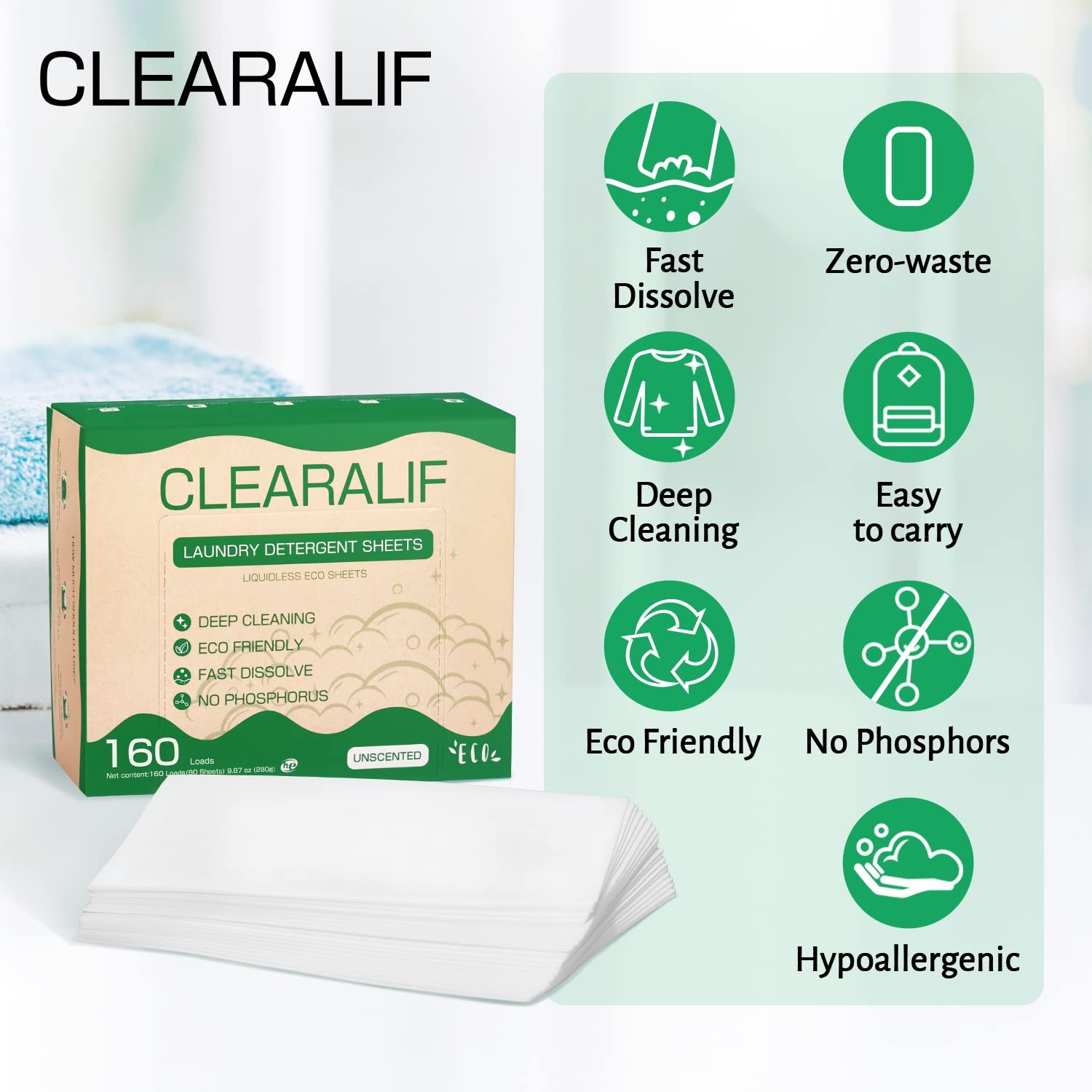 CLEARALIF Laundry Detergent Sheets (480 Loads), Unscented,Great For Travel, A…