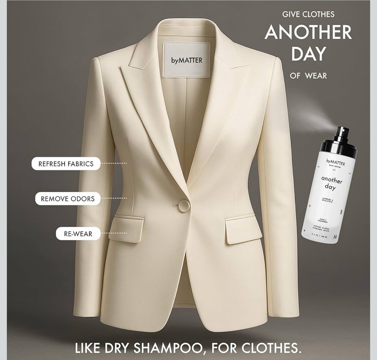 byMatter Fabric Freshener Dry shampoo your Fabrics Clothes Mattress Shoes Curtai