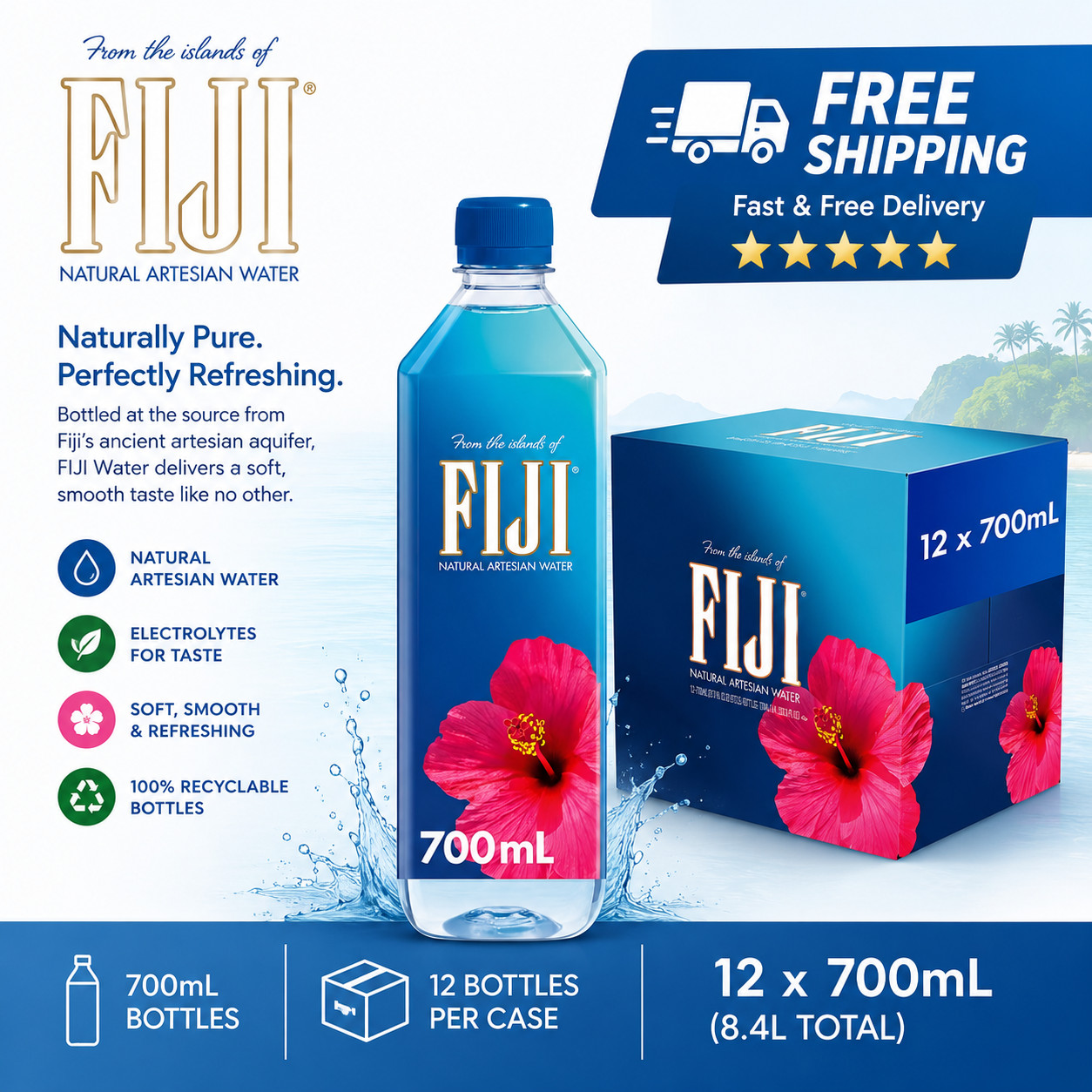 💧🌴 FIJI Natural Artesian Water 700mL – 12 Pack 🚚 FREE SHIPPING
