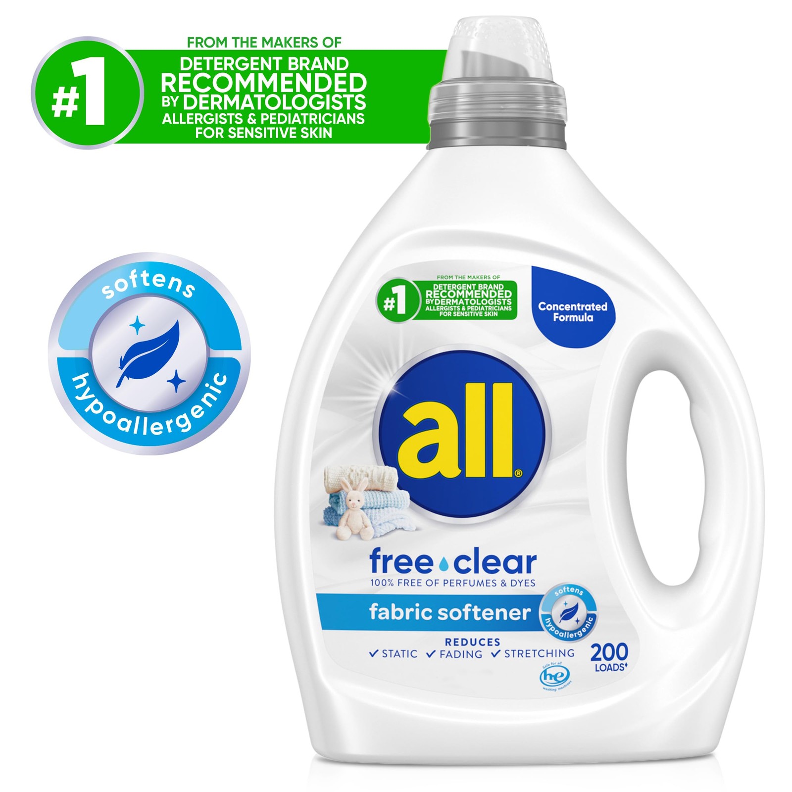 All Free Clear Liquid Fabric Softener for Sensitive Skin, 80 Oz, 200 Loads