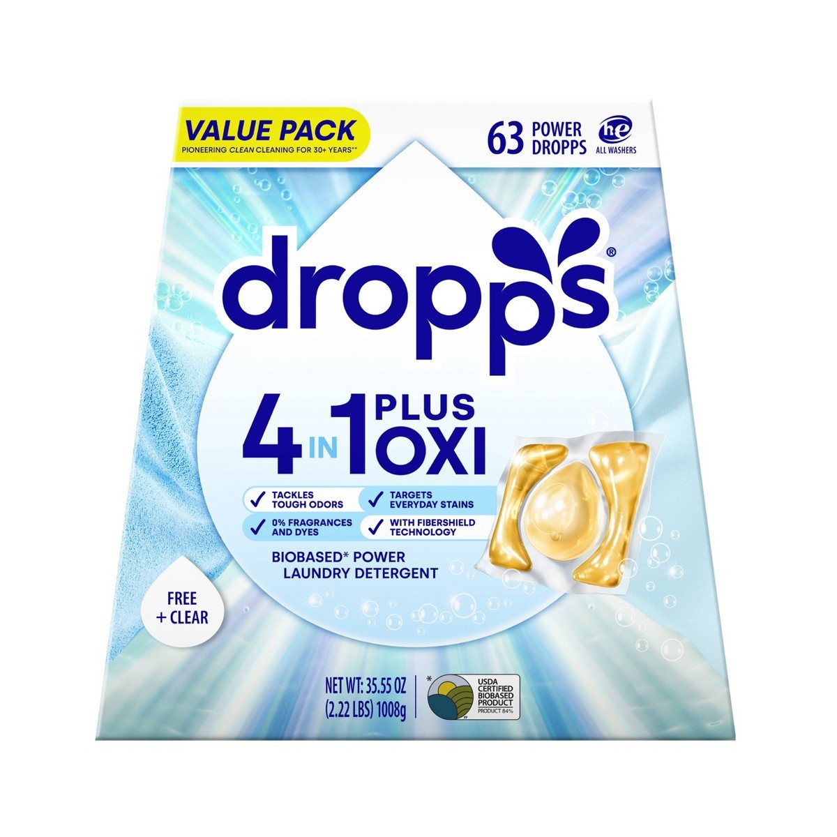 Dropps Unscented Free &Clear 4-in-1 Plus Oxi Power Biobased Pods 63 Pacs-35.55oz