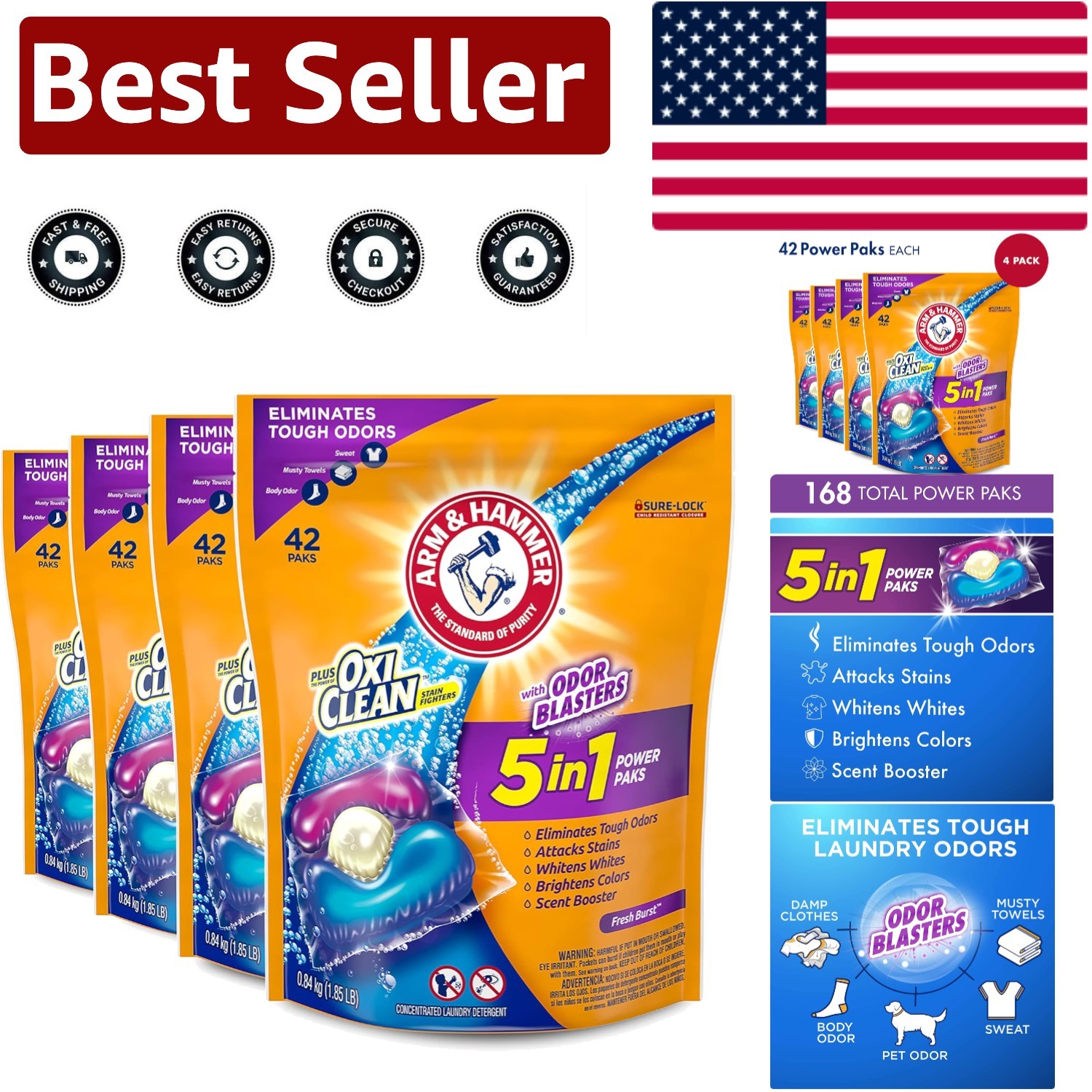 Pack of 4 OxiClean Odor Blasters – 5-in-1 Laundry Pods 168 Count, Fresh Burst