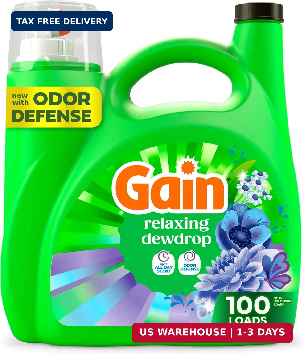 Gain Liquid Laundry Detergent, Now with Odor Defense, Relaxing Dewdrop Scent, 13