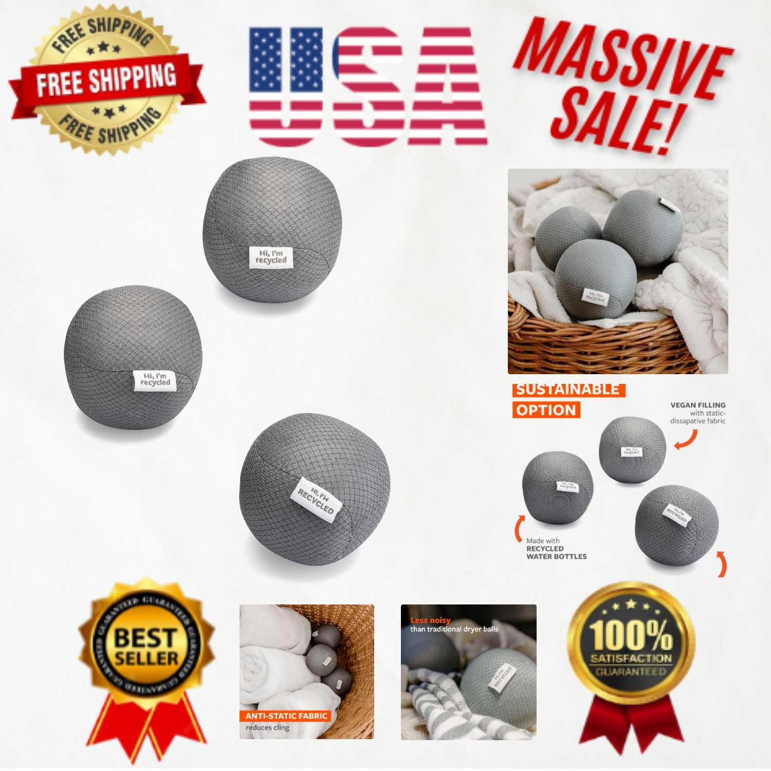 Set of 3 Anti-Static Dryer Balls – Quiet, Hypoallergenic Laundry Essential