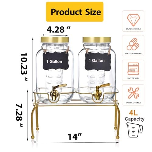 1 Gallon Glass Drink Dispenser Set of 2 – Drink 1 Gallon with Stand 2 PACK