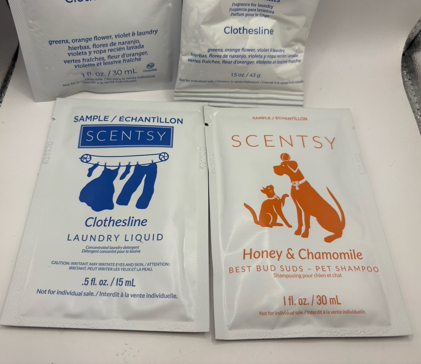 Scentsy Sample Lot – Clothesline Laundry & Honey Chamomile Pet Shampoo – 4 Pack