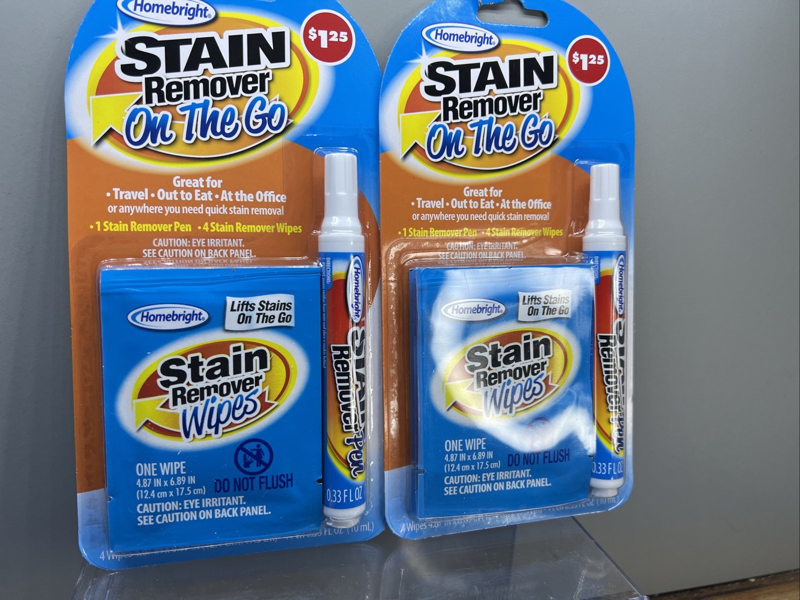 2X HOMEBRIGHT STAIN REMOVER ON THE GO 1 Pen 4 Wipes Lifts Stains On The Go