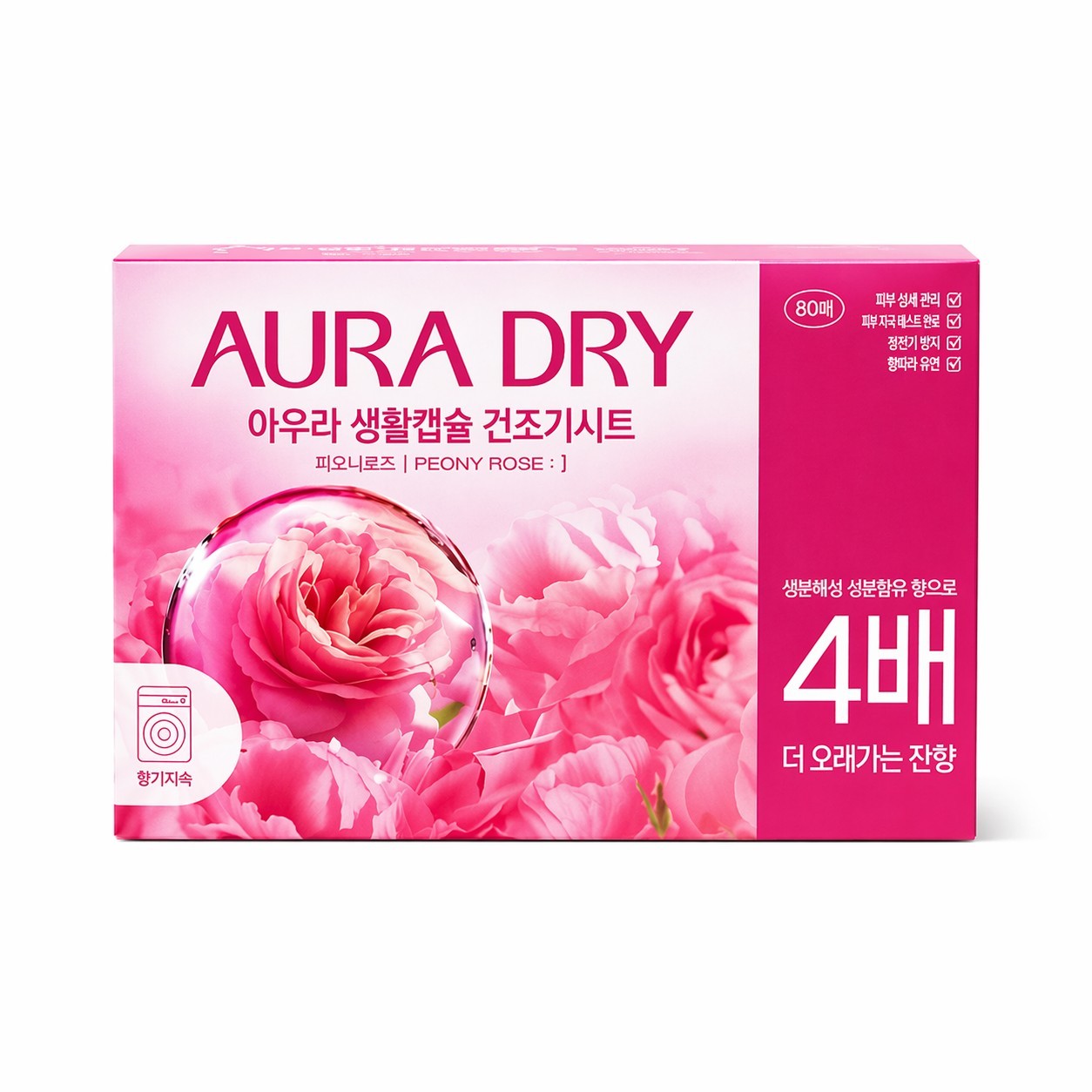 AURA Dryer Sheets Peony Rose 80 Sheets Fabric Softener Anti Static Laundry Korea