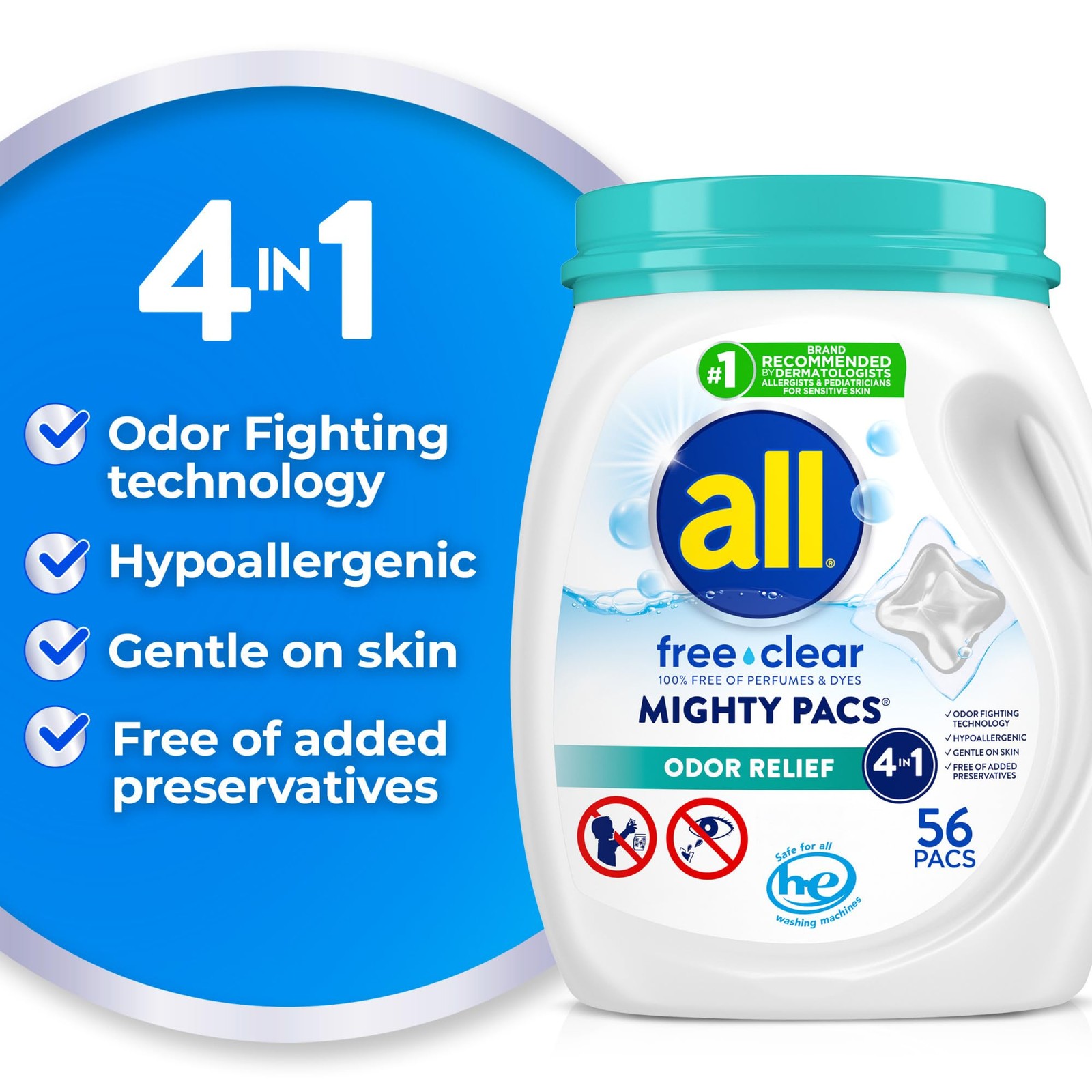 all free clear MIGHTY PACS Odor Relief, Laundry Detergent Pacs, 56 Count, Uns…