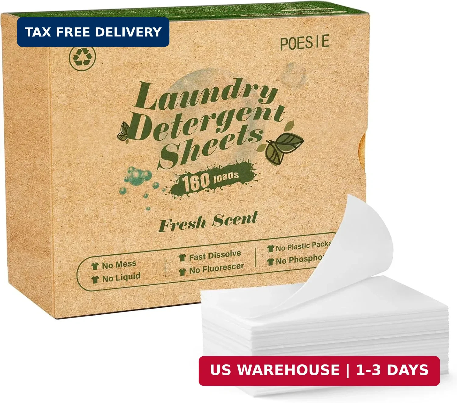 Poesie Laundry Detergent Sheets Fresh Scent 160 Count Clear Non-Plastic Hypoalle