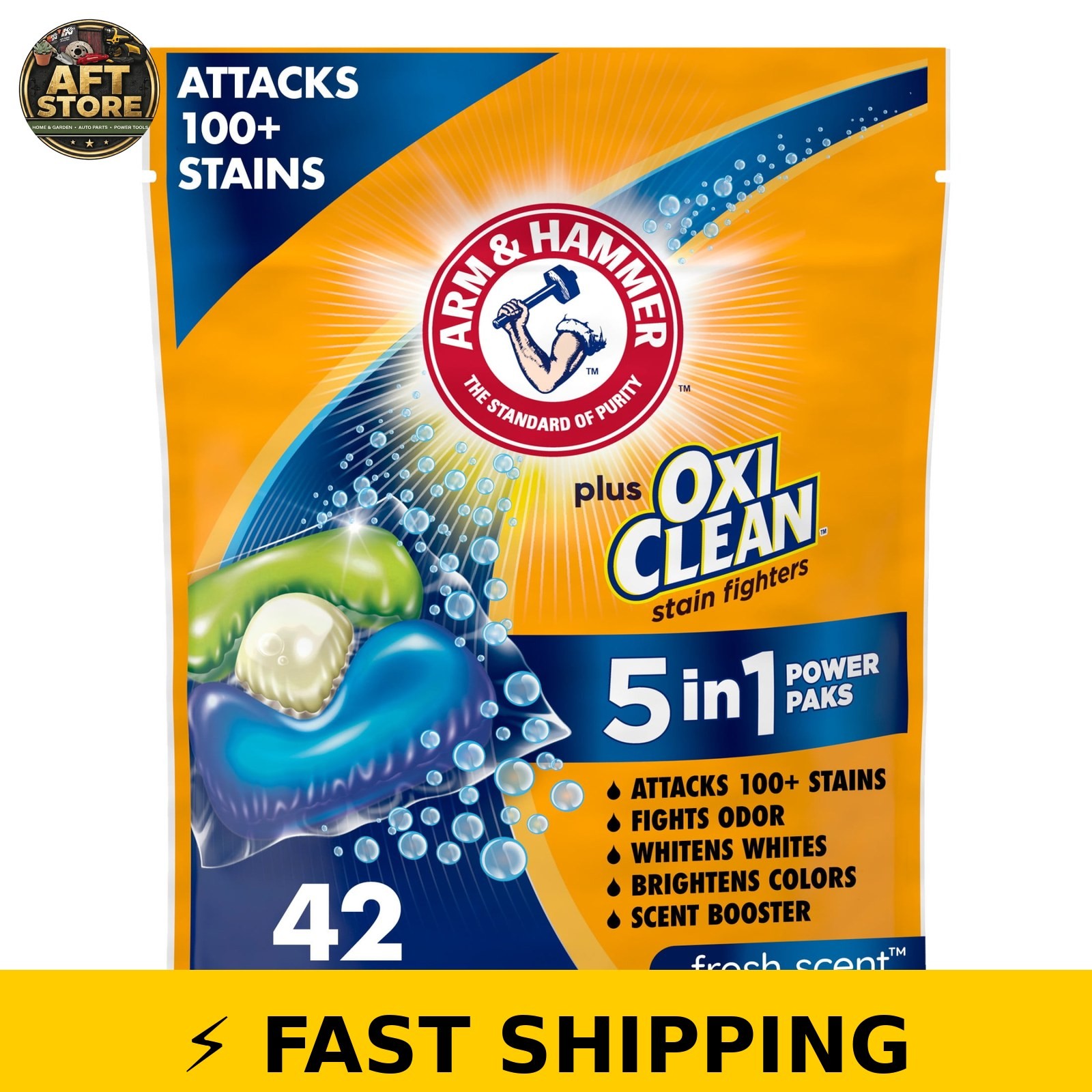 ARM & HAMMER Plus OxiClean 5-in-1 Laundry Detergent Paks, Fresh Scent, 42 Count