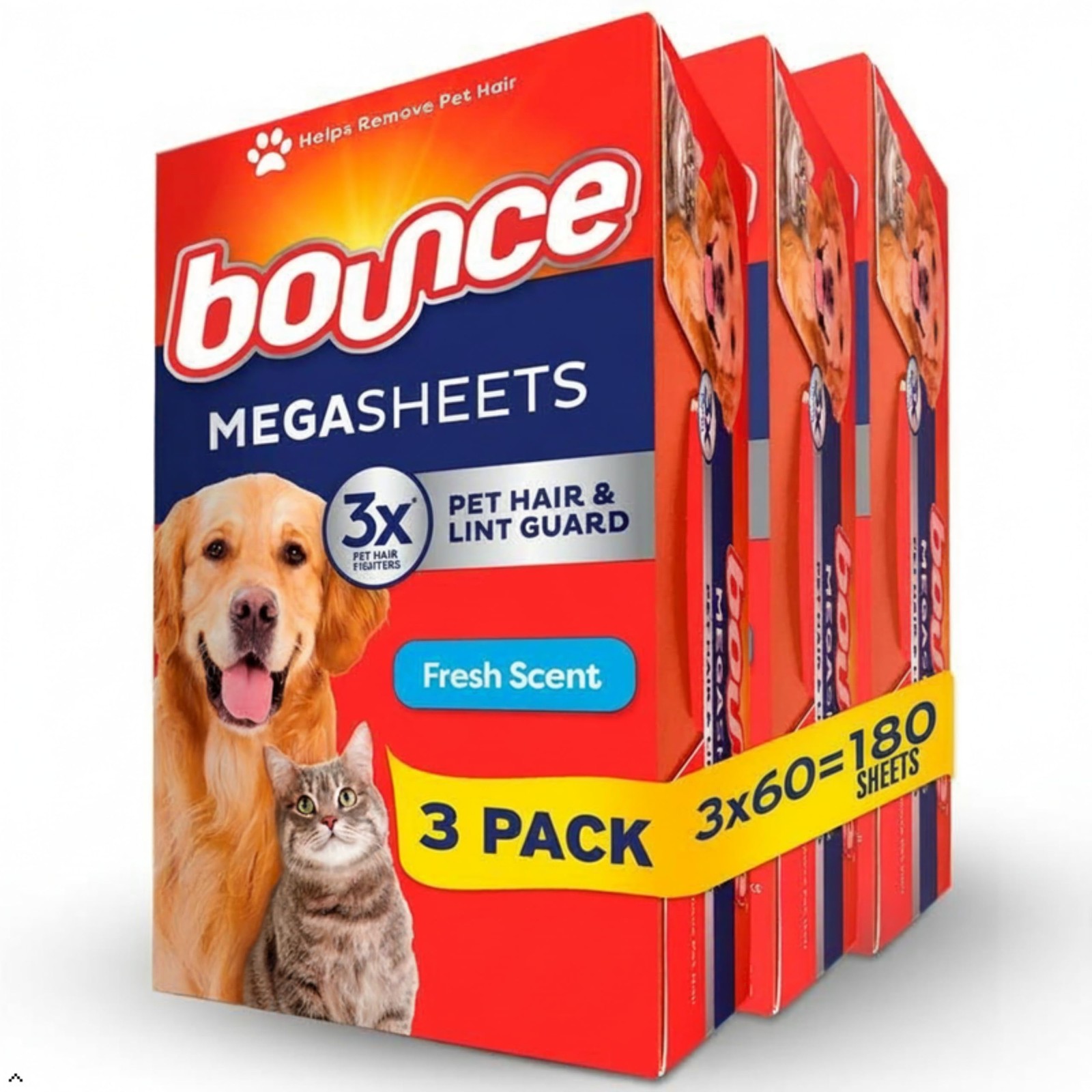 Bounce Pet Hair and Lint Guard Mega Dryer Sheets with 3X Pet Hair Fighters, Fr